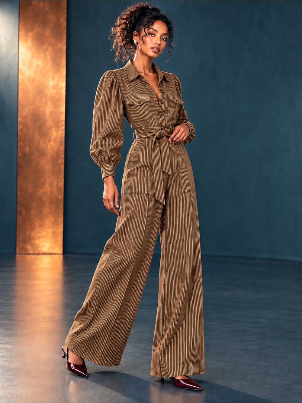 FRNCH Paris NWT Pinstripe Utility Wide Leg Dominique Khaki Chocolate Jumpsuit S